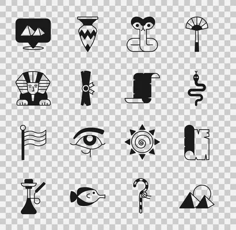 Set Egypt pyramids, Papyrus scroll, Snake, Sphinx, and icon. Vector Stock Illustration
