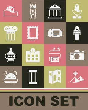 Set Egypt pyramids, Photo camera, Gives lecture, Museum building, Picture, An Ilustración de archivo