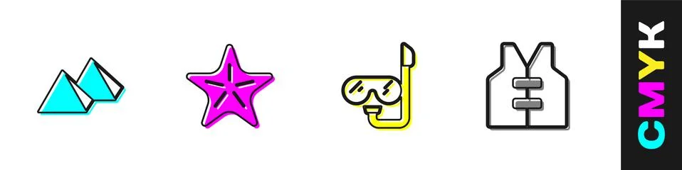 Set Egypt pyramids, Starfish, Diving mask and snorkel and Life jacket icon Stock Illustration
