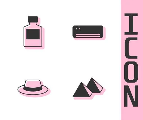 Set Egypt pyramids, Whiskey bottle, Man hat with ribbon and Air conditioner icon Illustrazione stock