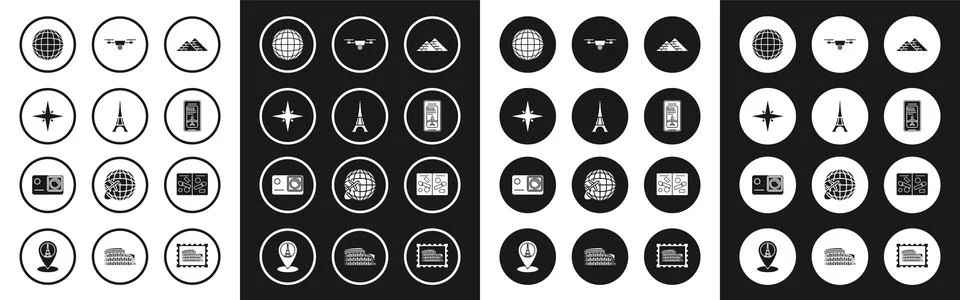 Set Egypt pyramids, Wind rose, Earth globe, Smartphone with electronic boar.. Stock Illustration