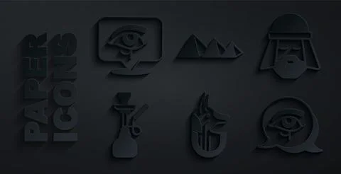 Set Egyptian anubis, man, Hookah, Eye of Horus, pyramids and icon. Vector Ilustración de archivo