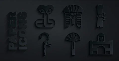 Set Egyptian fan, Papyrus scroll, Crook, house, pharaoh and Snake icon. Vector Illustrazione stock