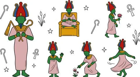 Set of Egyptian God Osiris in Various Poses Vector Illustration. Stock Illustration