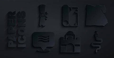 Set Egyptian house, Map of, Flag Of, Snake, Papyrus scroll and icon. Vector Illustrazione stock