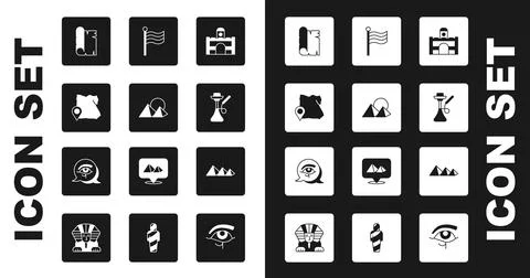 Set Egyptian house, pyramids, Map of, Papyrus scroll, Hookah, Flag Of, and Eye Stock Illustration