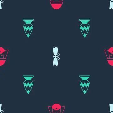 Set Egyptian man, Papyrus scroll and vase on seamless pattern. Vector Illustrazione stock