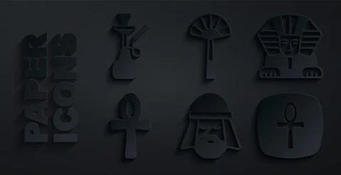 Set Egyptian man, Sphinx, Cross ankh, fan and Hookah icon. Vector Stock Illustration