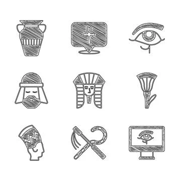 Set Egyptian pharaoh, Crook and flail, Eye of Horus on monitor, lotus, Nefe.. Stock Illustration