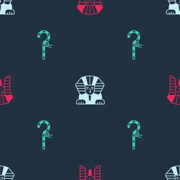 Set Egyptian pharaoh, Sphinx and Crook on seamless pattern. Vector Stock Illustration