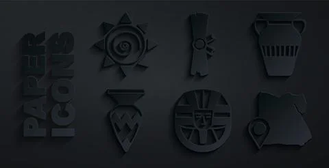 Set Egyptian pharaoh, vase, Map of, Papyrus scroll and Sun icon. Vector Stock Illustration