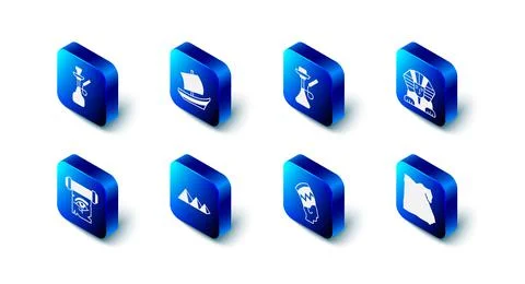 Set Egyptian ship, Hookah, Sphinx, Map of, Nefertiti, pyramids, Eye Horus on Stock Illustration