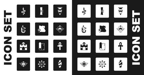 Set Egyptian vase, Map of, anubis, Snake, Scarab, Papyrus scroll, Cross ankh and Stock Illustration