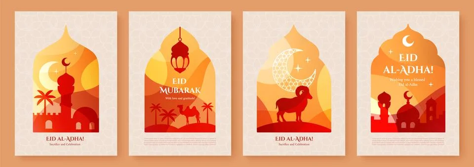 Set of Eid al-Adha greeting cards with mosques, lanterns, crescent moons, stars Stock Illustration