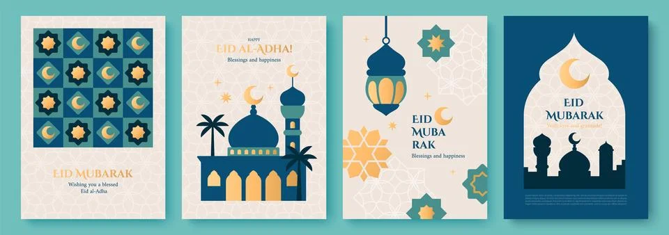 Set of Eid Mubarak and Eid al-Adha greeting cards with mosques, lanterns Stock Illustration