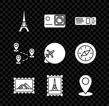 Set Eiffel tower, Action extreme camera, Travel ticket, Postal stamp and Eg.. Stock Illustration