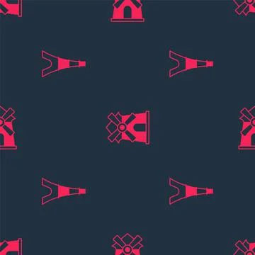 Set Eiffel tower and Windmill on seamless pattern. Vector Stock Illustration