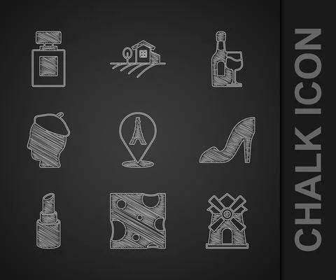 Set Eiffel tower, Cheese, Windmill, Woman shoe, Lipstick, French, Wine bottle Stock Illustration