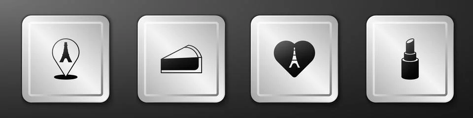 Set Eiffel tower, Cherry cheesecake slice, with heart and Lipstick icon. Silver 库存插图