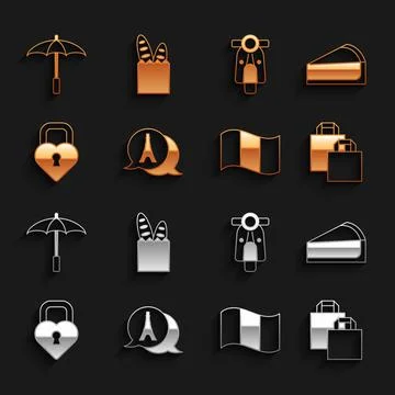 Set Eiffel tower, Cherry cheesecake slice, Paper shopping bag, Flag France Stock-Illustration