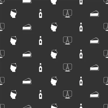 Set Eiffel tower, Cherry cheesecake slice, French man and Champagne bottle on Illustrazione stock