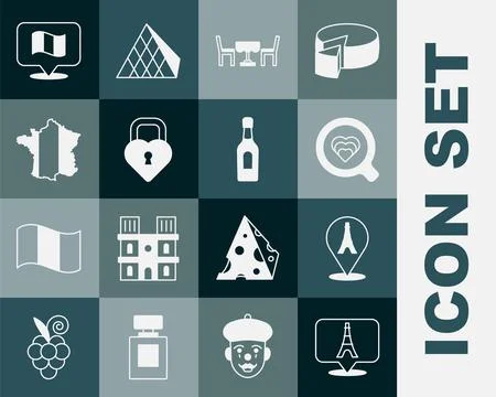 Set Eiffel tower, Coffee cup, French cafe, Castle in the shape heart, Map France Stock Illustration