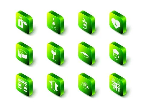 Set Eiffel tower, Coffee cup go, with heart, Cook, Notre Dame de Paris, Smi.. Stock Illustration