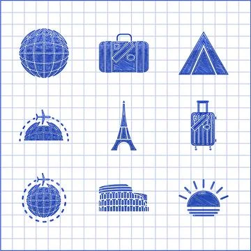 Set Eiffel tower, Coliseum in Rome, Italy, Sunset, Suitcase for travel and Illustrazione stock