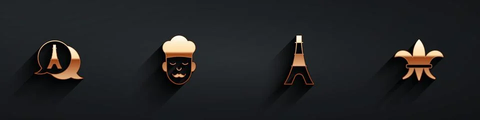 Set Eiffel tower, Cook, and Fleur De Lys icon with long shadow. Vector 库存插图
