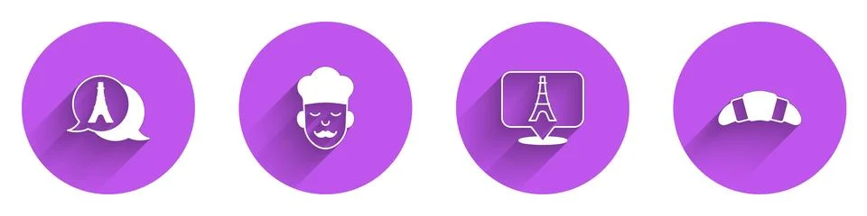 Set Eiffel tower, Cook,  and Croissant icon with long shadow. Vector Illustrazione stock