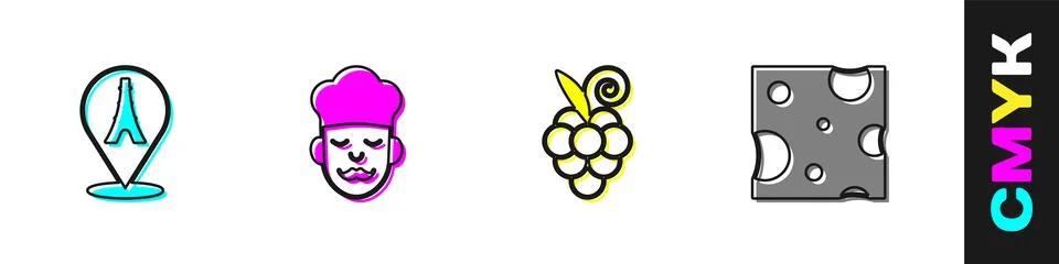 Set Eiffel tower, Cook, Grape fruit and Cheese icon. Vector Illustrazione stock