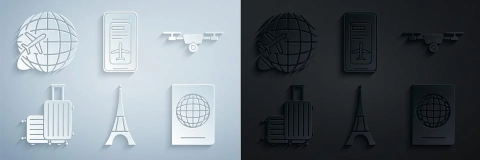 Set Eiffel tower, Drone flying with action video camera, Suitcase for travel Stock Illustration