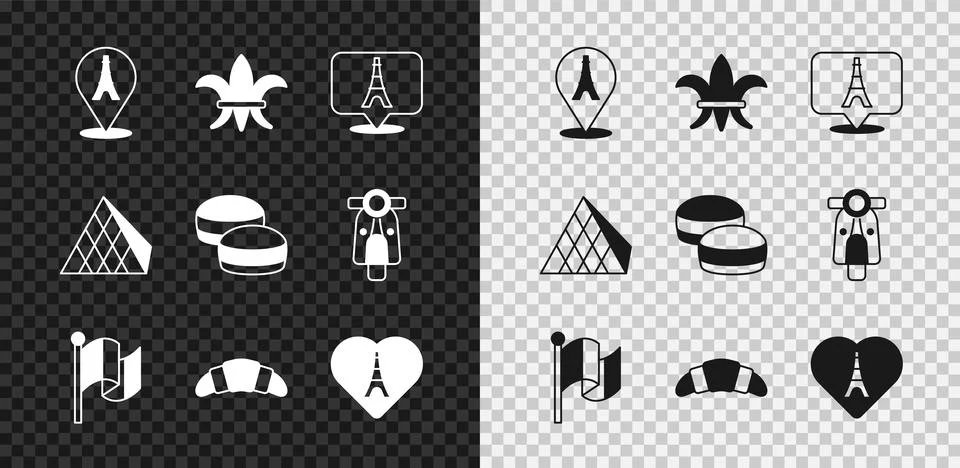 Set Eiffel tower, Fleur De Lys, Flag France, Croissant, with heart, Louvre glass Stock-Illustration