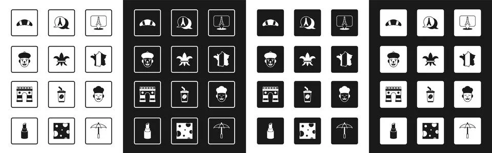 Set Eiffel tower, Fleur De Lys, French mime, Croissant, Map of France, Cook and Stock Illustration
