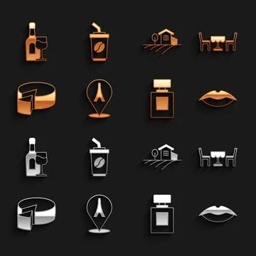 Set Eiffel tower, French cafe, Smiling lips, Perfume, Cheese, Village landscape Illustrazione stock