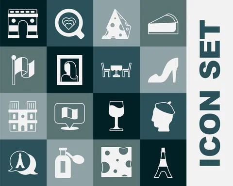 Set Eiffel tower, French man, Woman shoe, Cheese, Portrait picture in museum Stock Illustration