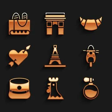 Set Eiffel tower, French rooster, Perfume, Scooter, Kepi, Amour with heart .. Stock-Illustration