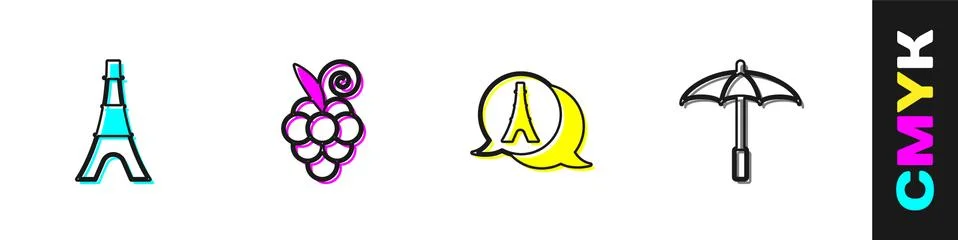 Set Eiffel tower, Grape fruit, and Umbrella for beach icon. Vector Stockillustratie