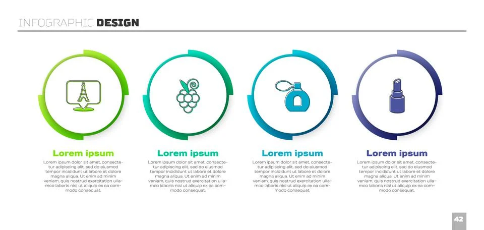 Set Eiffel tower, Grape fruit, Perfume and Lipstick. Business infographic Ilustração Stock