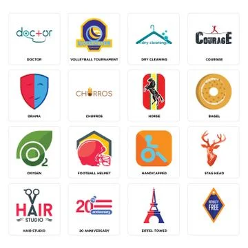 Set of, eiffel tower, hair studio, handicapped, oxygen, horse, drama, dry cle Free Stock Illustration