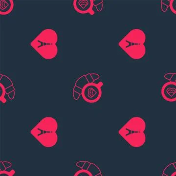 Set Eiffel tower with heart and Coffee cup croissant on seamless pattern. Vector Stock Illustration