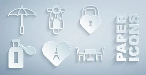 Set Eiffel tower with heart, Castle in the shape of, Perfume, French cafe 스톡 일러스트