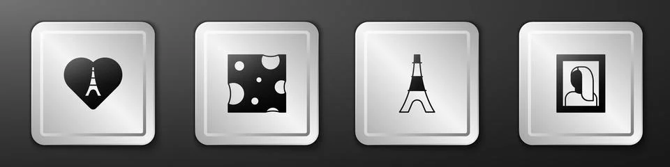 Set Eiffel tower with heart, Cheese, and Portrait picture in museum icon. Silver Stock Illustration