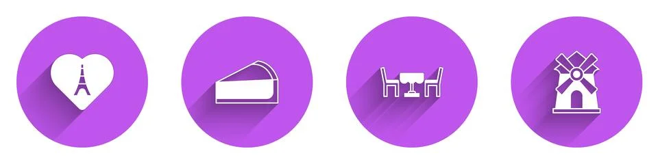 Set Eiffel tower with heart, Cherry cheesecake slice, French cafe and Windmill 스톡 일러스트