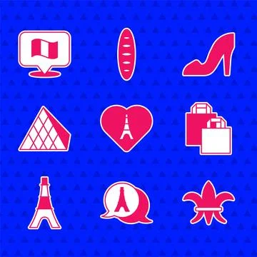 Set Eiffel tower with heart, Fleur De Lys, Paper shopping bag, Louvre glass Illustration