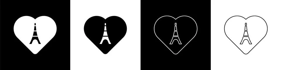 Set Eiffel tower with heart icon isolated on black and white background. France Illustrazione stock