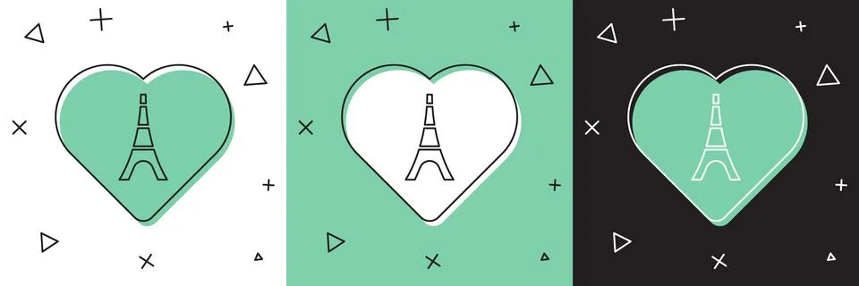 Set Eiffel tower with heart icon isolated on white and green, black background Stock-Illustration