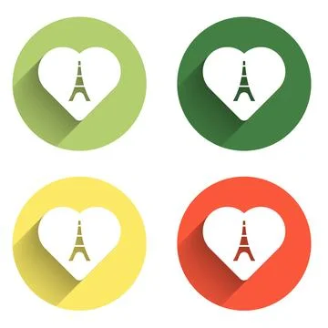 Set Eiffel tower with heart icon isolated with long shadow background. Fran.. Illustrazione stock