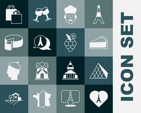 Set Eiffel tower with heart, Louvre glass pyramid, Cherry cheesecake slice, Cook Ilustración de archivo