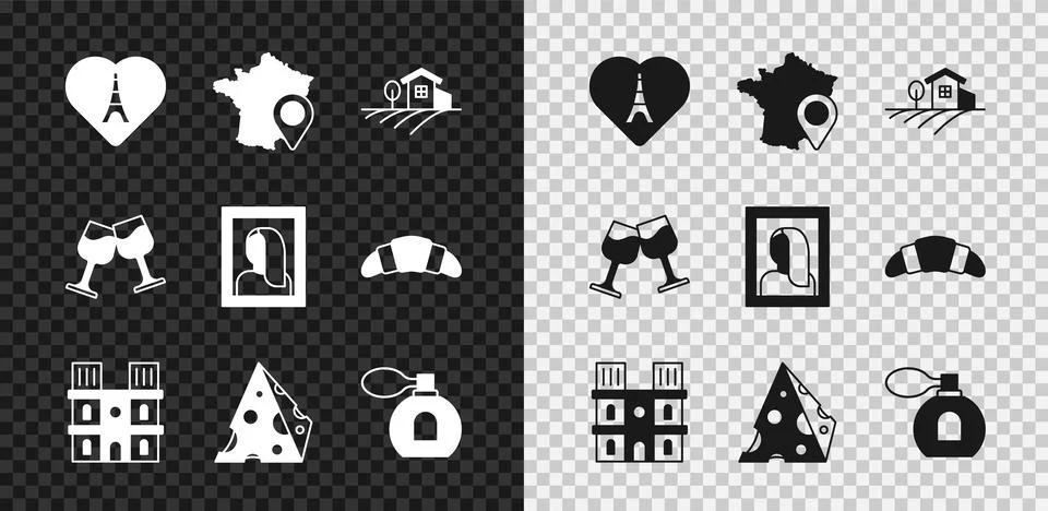 Set Eiffel tower with heart, Map of France, Village landscape, Notre Dame de Illustrazione stock